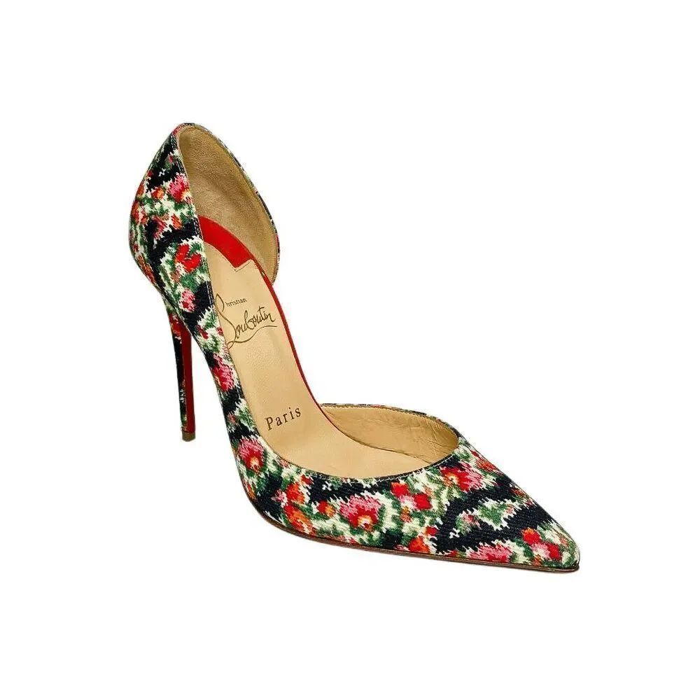 Christian Louboutin Iriza 100 Floral D’Orsay Pumps EU 37 Red Sole Heels Multi